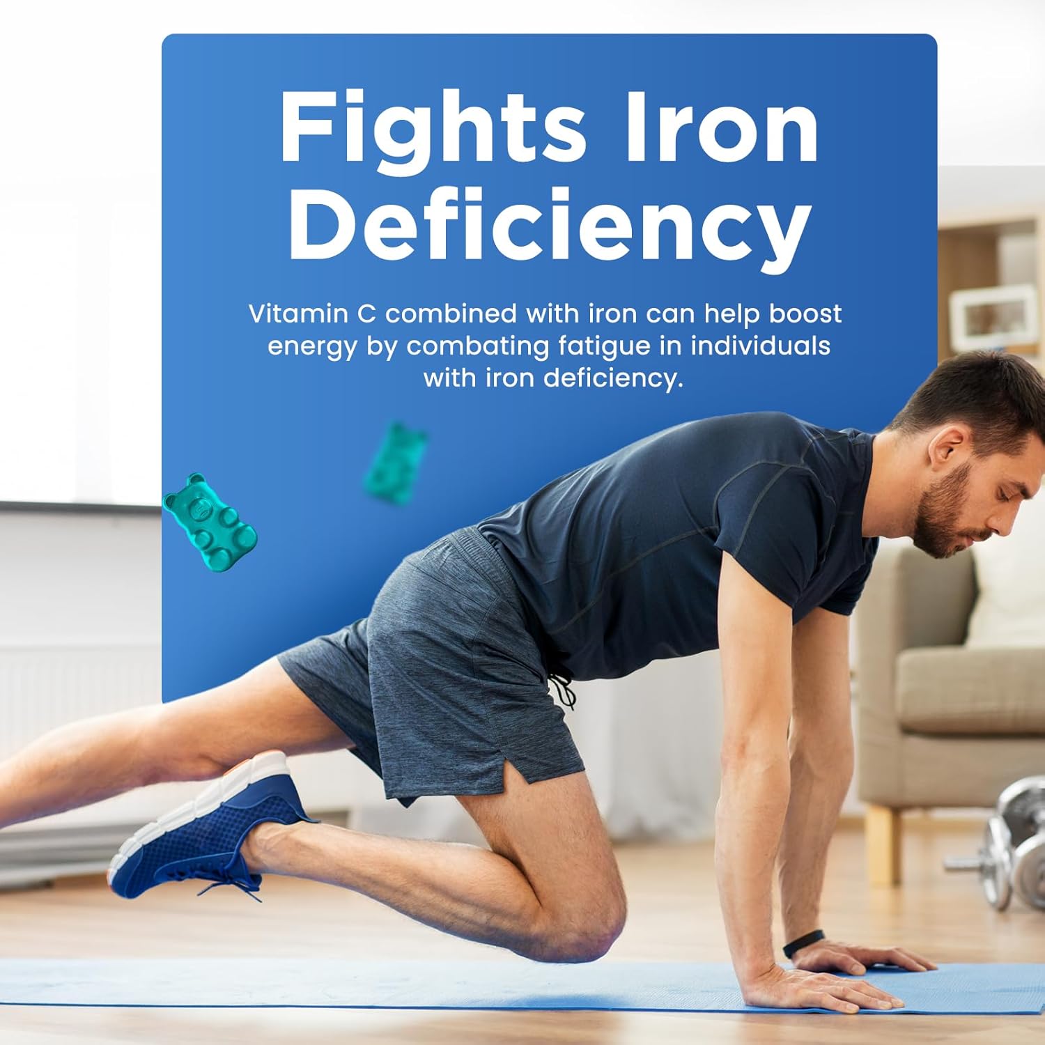 Iron Gummies with Vitamin B6, B12, C, Zinc, Folate - Supports Iron Deficiency, Anemia, Energy Boost - Sugar Free Vegan - 60ct Blueberry - Adults & Kids