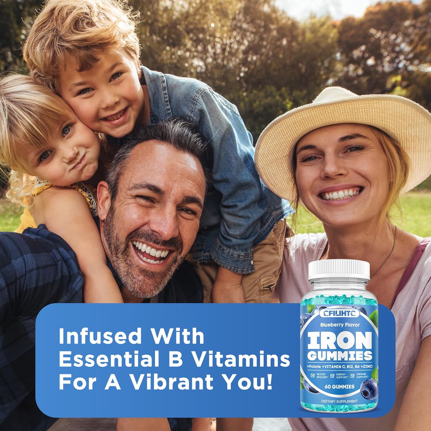 Iron Gummies with Vitamin B6, B12, C, Zinc, Folate - Supports Iron Deficiency, Anemia, Energy Boost - Sugar Free Vegan - 60ct Blueberry - Adults & Kids