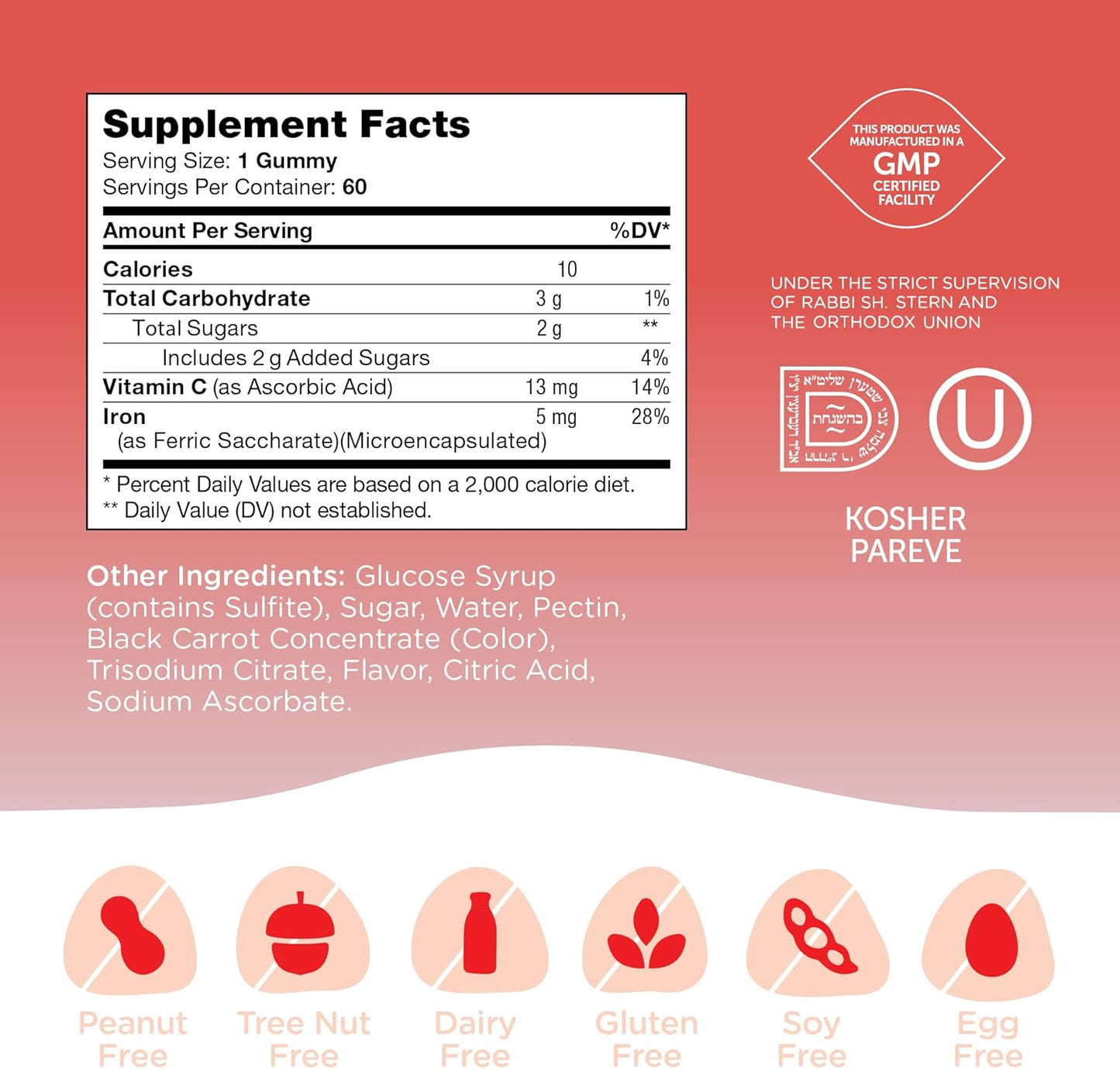 Iron Gummies with Vitamin C - Chewable Blood Builder Supplement for Women, Men, & Kids - Kosher & Easy to Digest - 60 Count