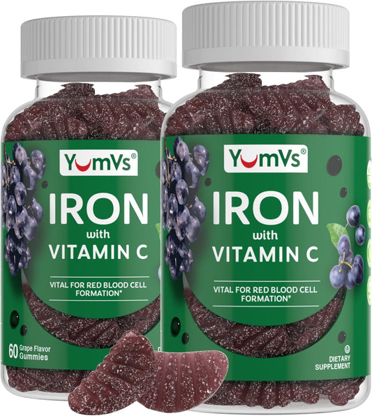 Iron Gummies with Vitamin C - Grape Flavor, 10mg Iron Supplement - Kosher, Gluten Free Blood Builder Gummies - 60 Count Pack