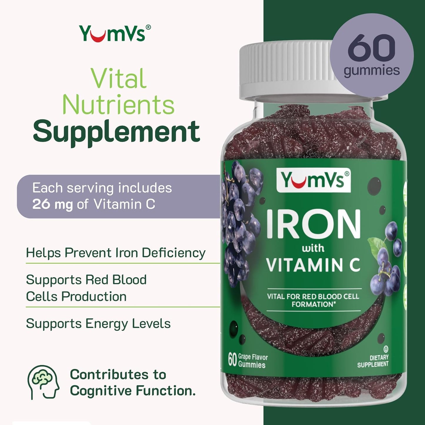 Iron Gummies with Vitamin C - Grape Flavor, 10mg Iron Supplement - Kosher, Gluten Free Blood Builder Gummies - 60 Count Pack