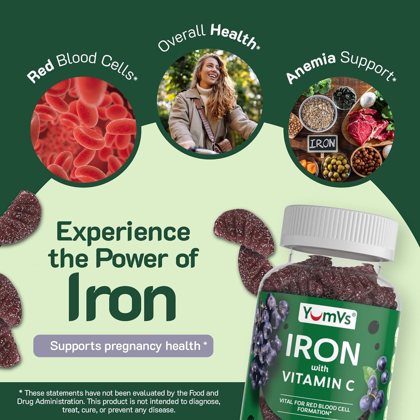 Iron Gummies with Vitamin C - Grape Flavor, 10mg Iron Supplement - Kosher, Gluten Free Blood Builder Gummies - 60 Count Pack