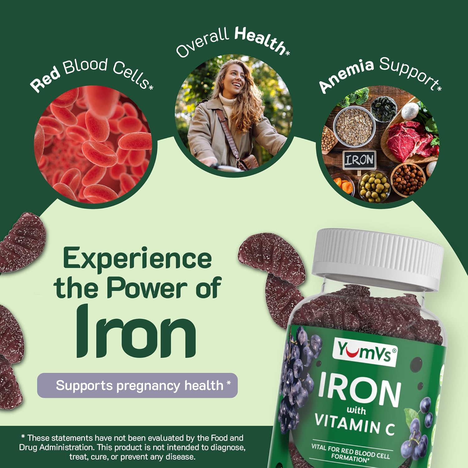 Iron Gummies with Vitamin C - Grape Flavor, 10mg Iron Supplement - Kosher, Gluten Free Blood Builder Gummies - 60 Count Pack