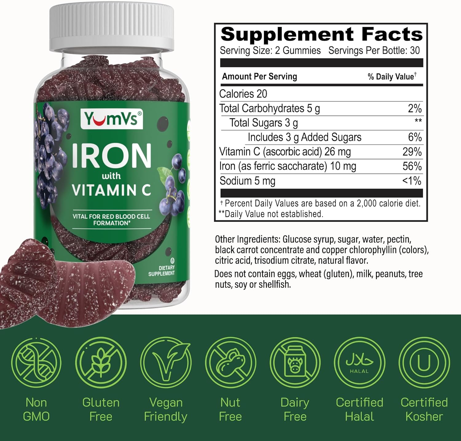 Iron Gummies with Vitamin C - Grape Flavor, 10mg Iron Supplement - Kosher, Gluten Free Blood Builder Gummies - 60 Count Pack