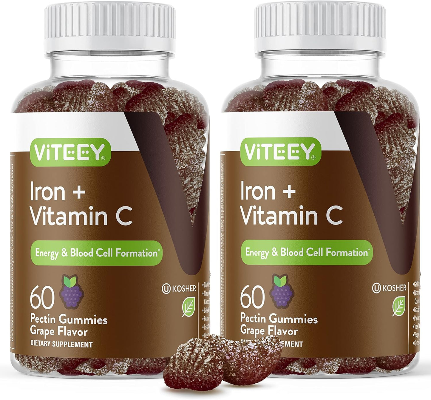 Iron Gummies with Vitamin C 20mg + 26mg for Anemia & Energy - Vegan Chewable Grape Supplements