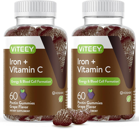 Iron Gummies with Vitamin C 20mg + 26mg for Anemia & Energy - Vegan Chewable Grape Supplements