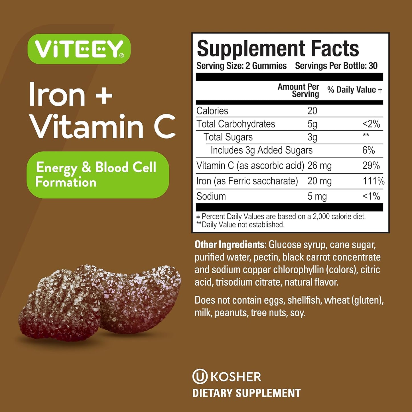 Iron Gummies with Vitamin C 20mg + 26mg for Anemia & Energy - Vegan Chewable Grape Supplements