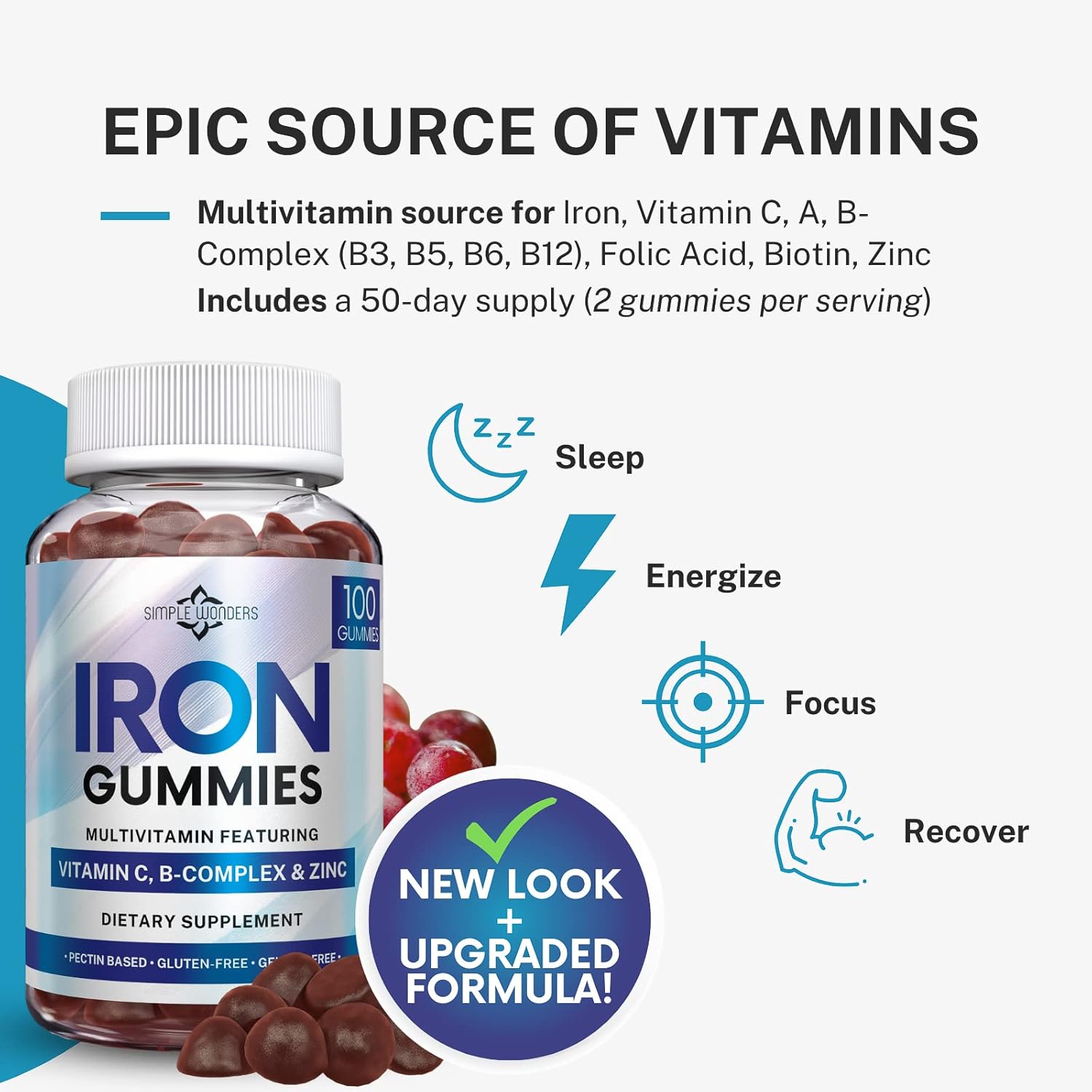 Iron Gummies with Vitamin C, B Complex, Biotin & Zinc - Chewable Multivitamin for Women, Men & Kids - Alternative to Pills, Capsules