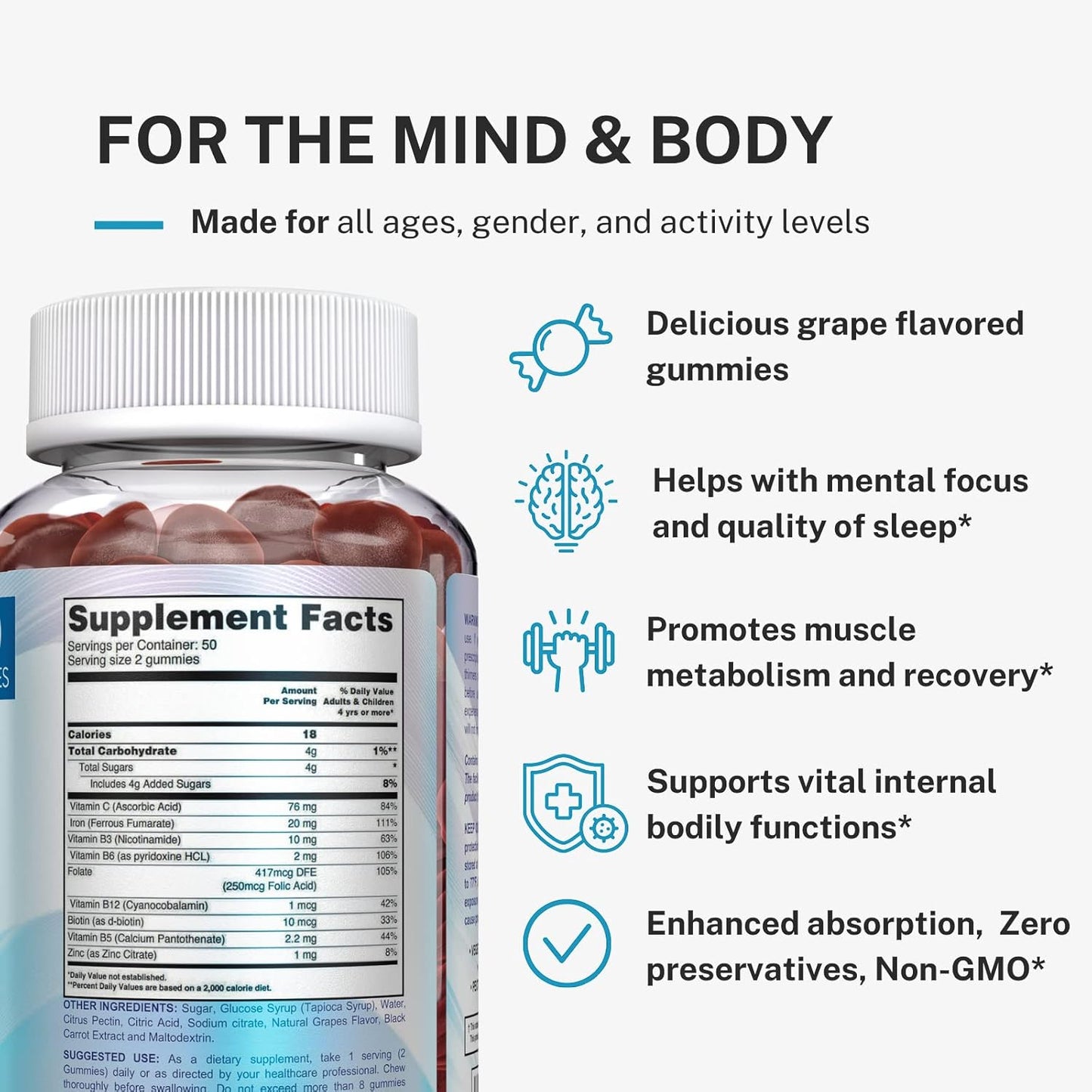 Iron Gummies with Vitamin C, B Complex, Biotin & Zinc - Chewable Multivitamin for Women, Men & Kids - Alternative to Pills, Capsules
