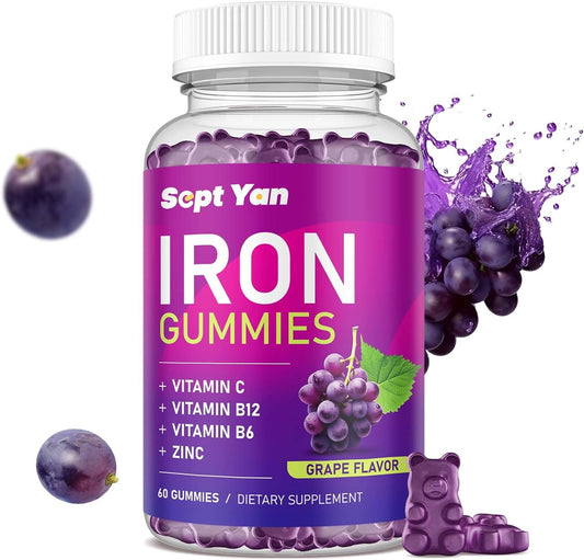 Iron Gummies with Vitamin C, B12, B6, Zinc - Blood Builder & Energy Support - Vegan Grape Flavored Supplement for Women & Kids - 60 Gummies