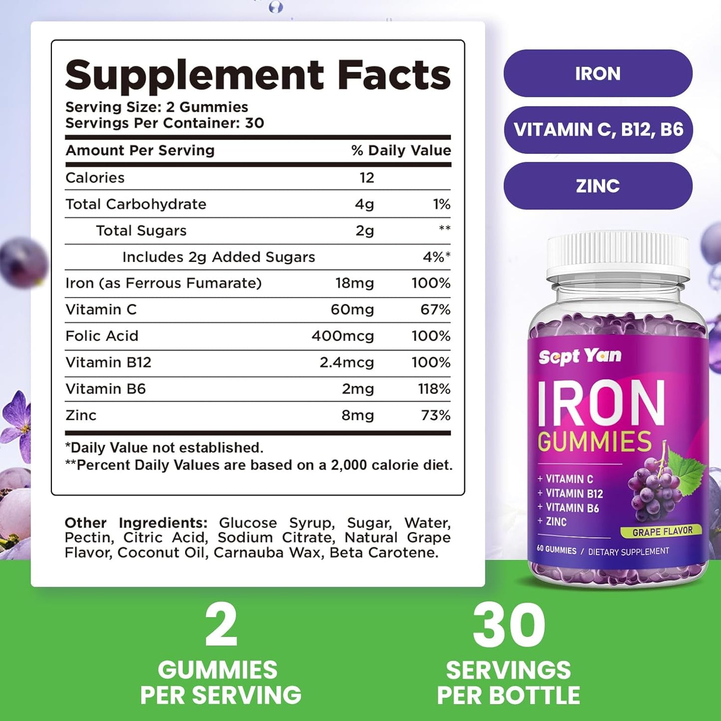 Iron Gummies with Vitamin C, B12, B6, Zinc - Blood Builder & Energy Support - Vegan Grape Flavored Supplement for Women & Kids - 60 Gummies