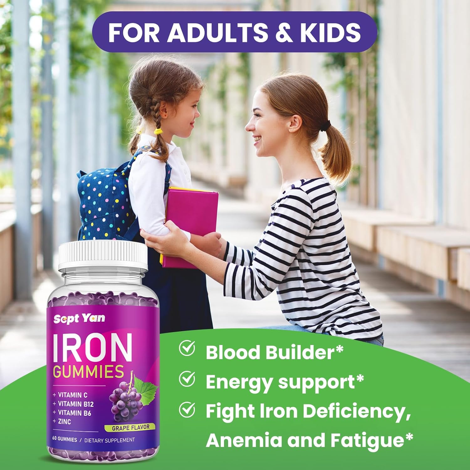 Iron Gummies with Vitamin C, B12, B6, Zinc - Blood Builder & Energy Support - Vegan Grape Flavored Supplement for Women & Kids - 60 Gummies