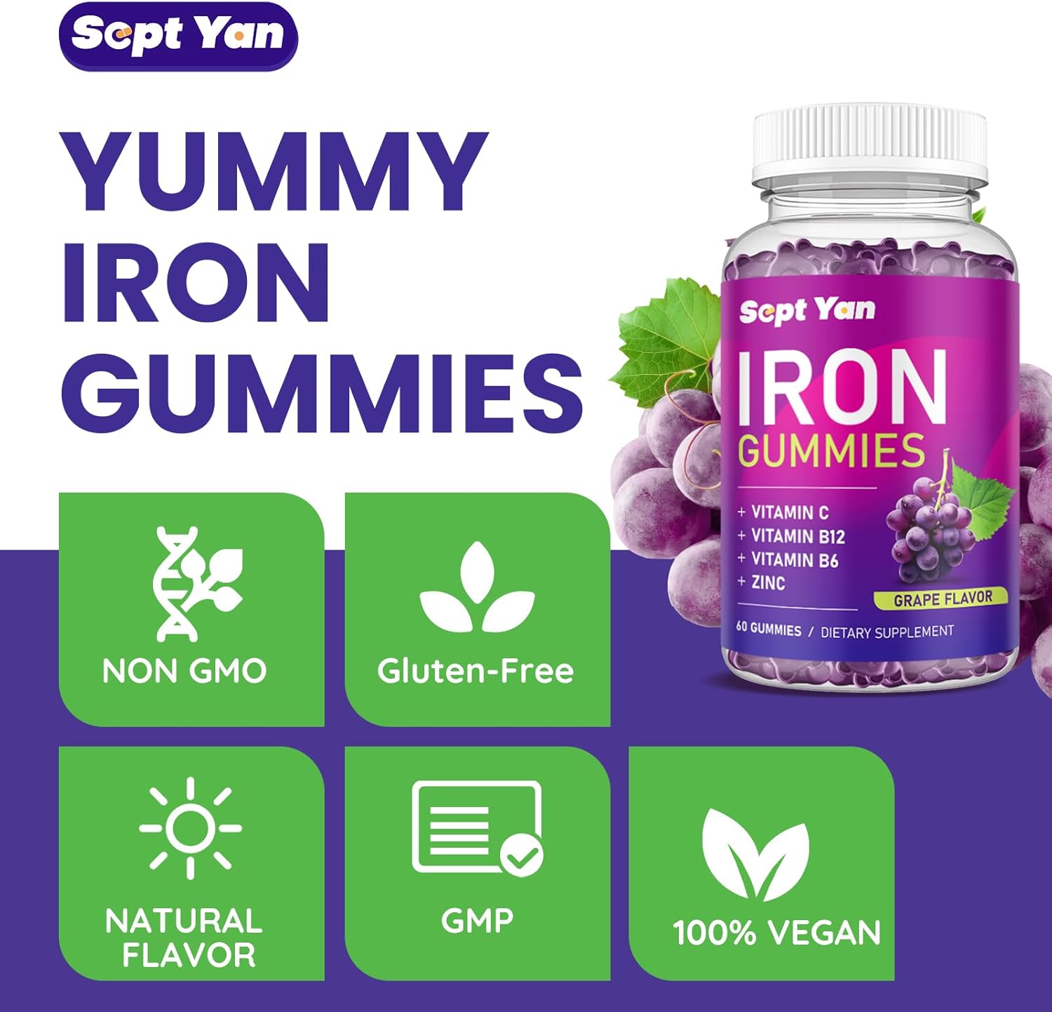 Iron Gummies with Vitamin C, B12, B6, Zinc - Blood Builder & Energy Support - Vegan Grape Flavored Supplement for Women & Kids - 60 Gummies