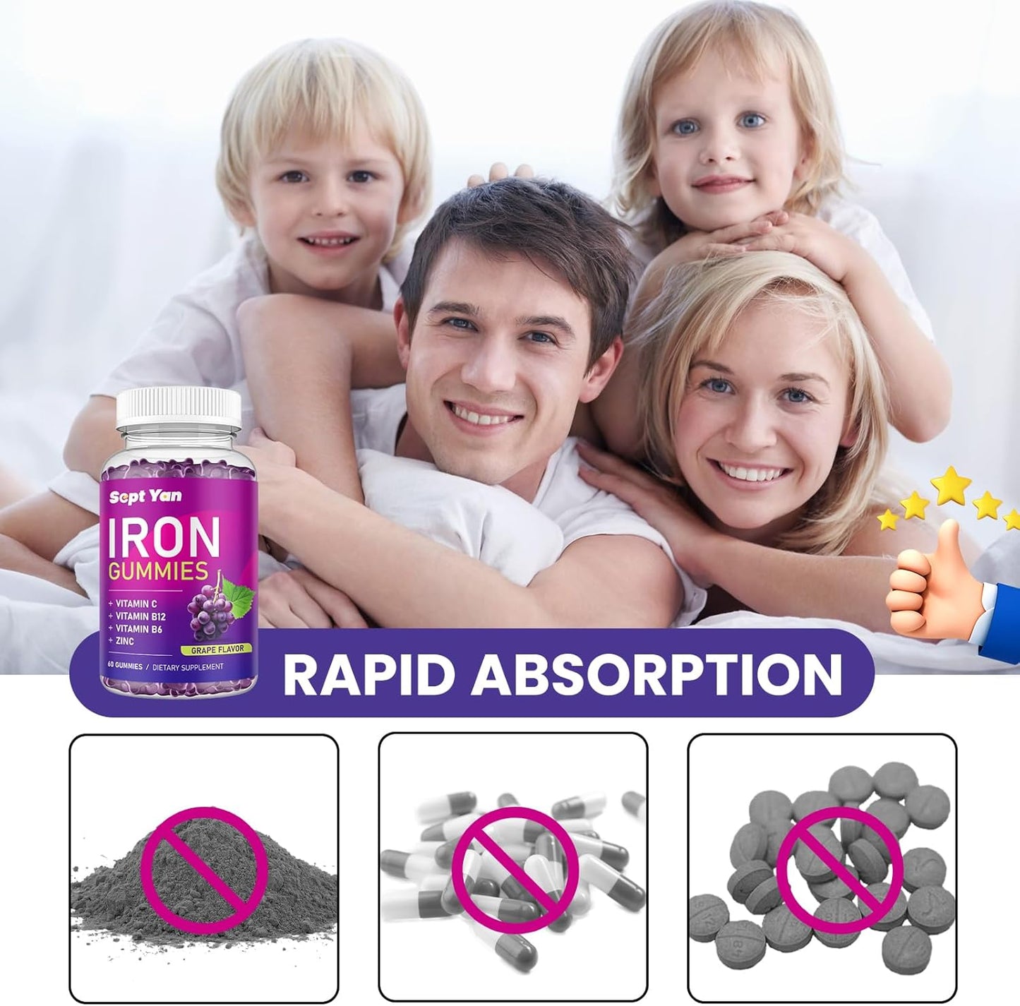 Iron Gummies with Vitamin C, B12, B6, Zinc - Blood Builder & Energy Support - Vegan Grape Flavored Supplement for Women & Kids - 60 Gummies
