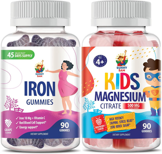Iron Gummies with Vitamin C for Adults and Magnesium Gummies for Kids - 500mg Iron Vitamins