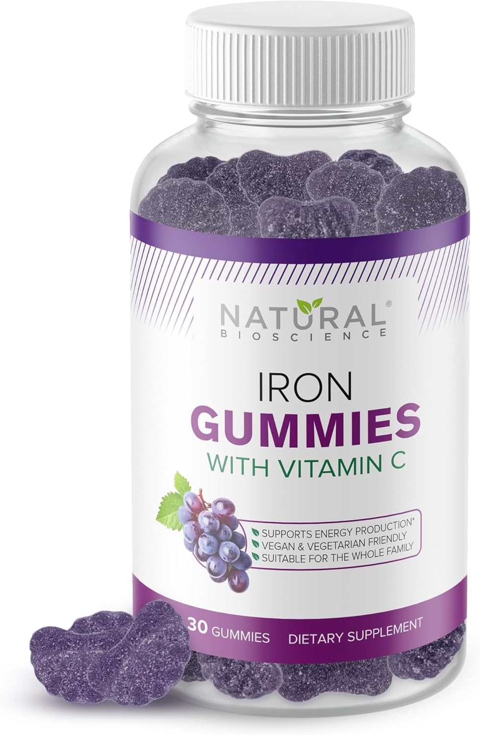Iron Gummies with Vitamin C for Adults & Kids - Chewable Supplement for Anemia, Energy, Immune Support, Brain Health - Grape Flavor, Vegan, High Absorption