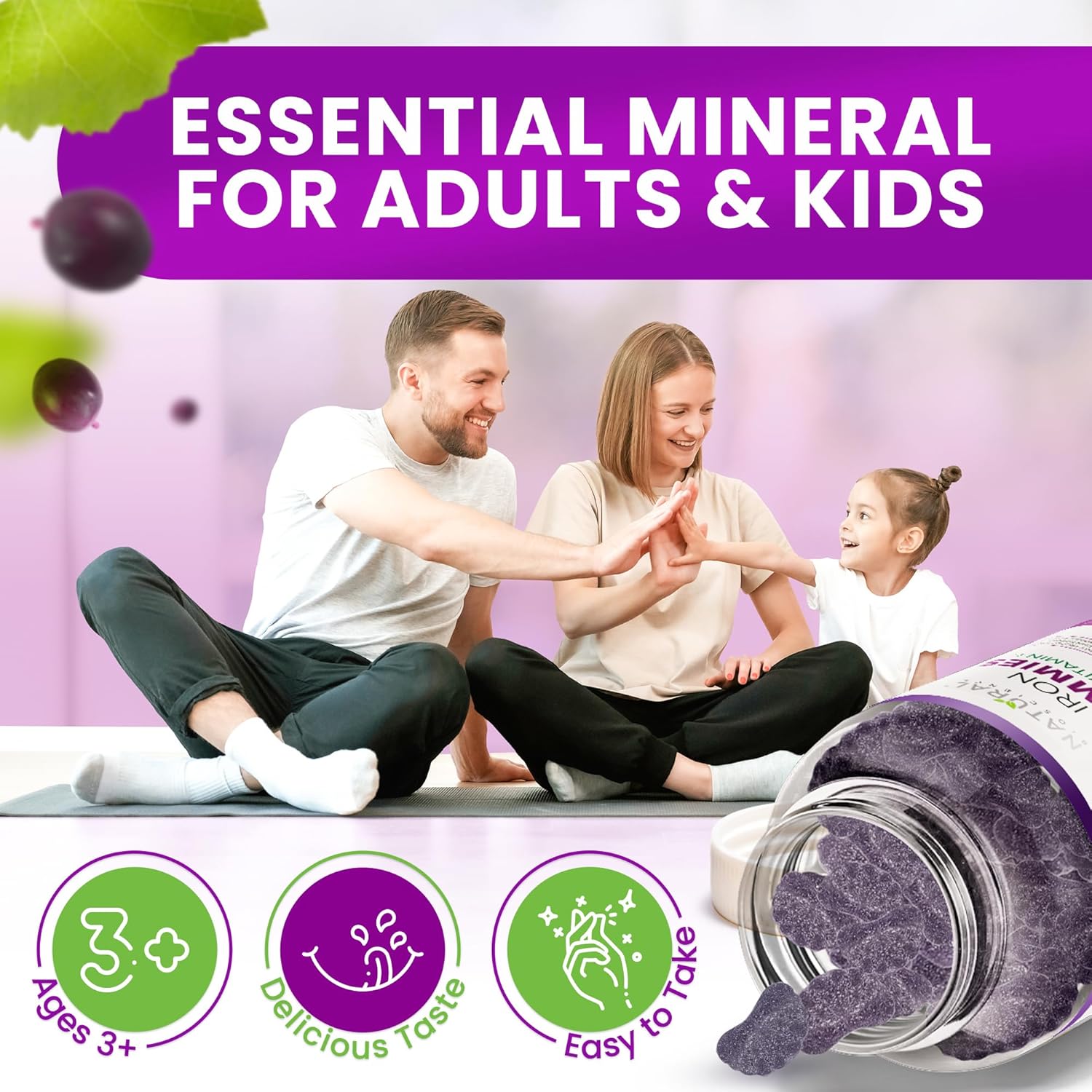 Iron Gummies with Vitamin C for Adults & Kids - Chewable Supplement for Anemia, Energy, Immune Support, Brain Health - Grape Flavor, Vegan, High Absorption