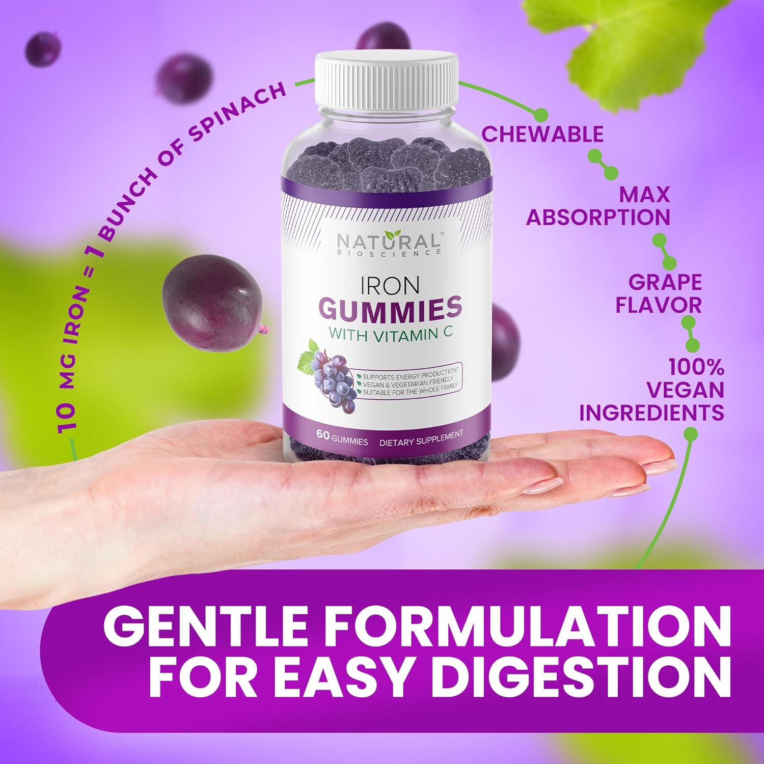 Iron Gummies with Vitamin C for Adults & Kids - Chewable Supplement for Anemia, Energy, Immune Support, Brain Health - Grape Flavor, Vegan, High Absorption
