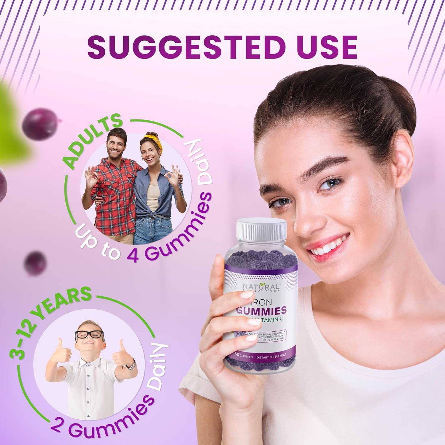Iron Gummies with Vitamin C for Adults & Kids - Chewable Supplement for Anemia, Energy, Immune Support, Brain Health - Grape Flavor, Vegan, High Absorption