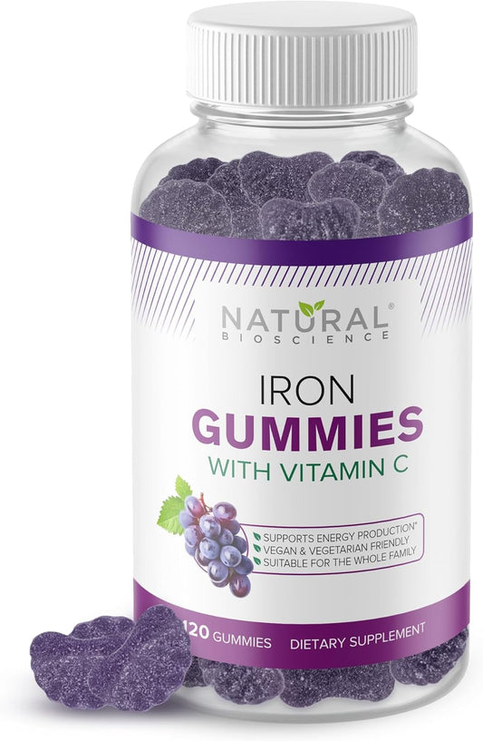 Iron Gummies with Vitamin C for Adults & Kids - Red Blood Cell & Immune Support, Energy Boost, Brain Health - 120 Vegan Gummies