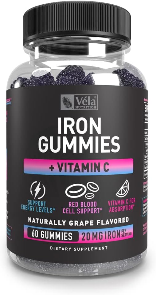 Iron Gummies with Vitamin C for Energy Levels & Red Blood Cells - 20mg per Serving - Non-GMO, GMP Certified - 60 Count