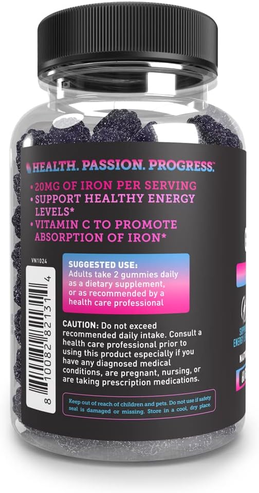 Iron Gummies with Vitamin C for Energy Levels & Red Blood Cells - 20mg per Serving - Non-GMO, GMP Certified - 60 Count