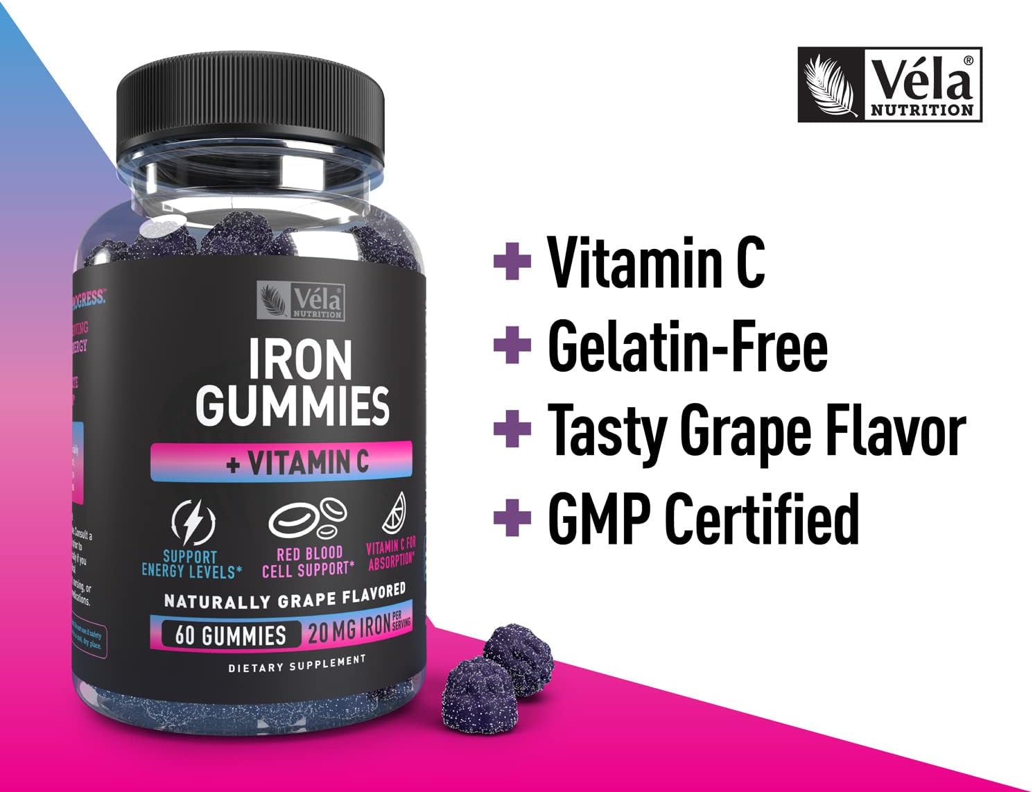 Iron Gummies with Vitamin C for Energy Levels & Red Blood Cells - 20mg per Serving - Non-GMO, GMP Certified - 60 Count