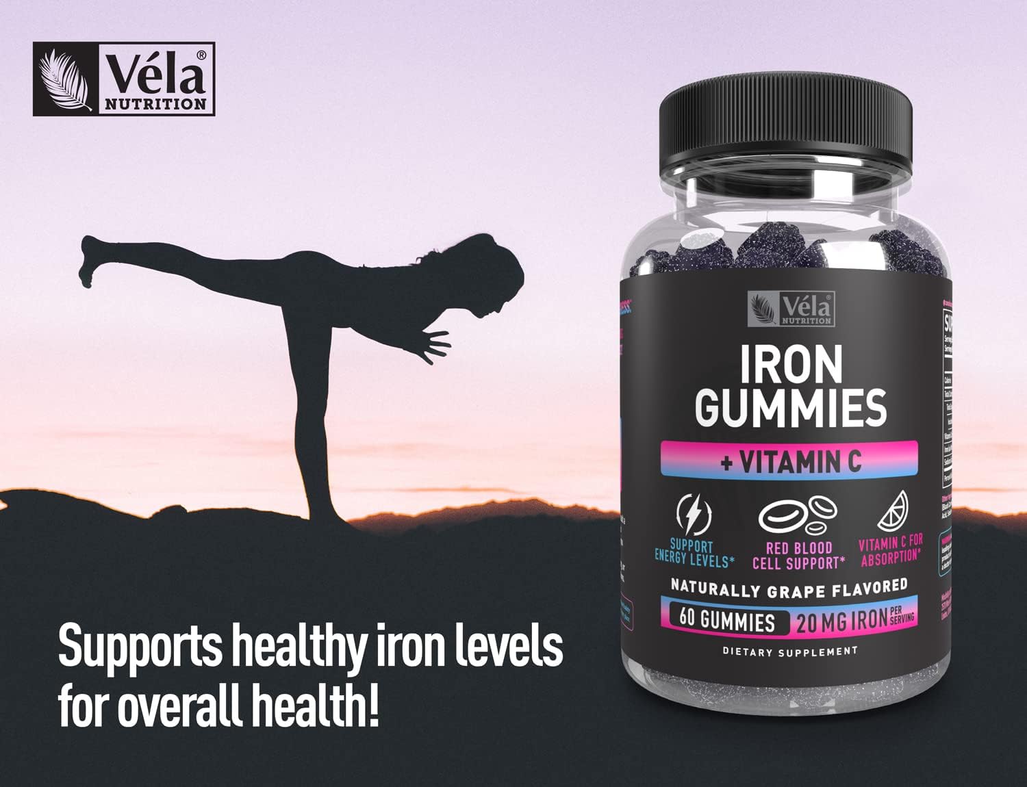 Iron Gummies with Vitamin C for Energy Levels & Red Blood Cells - 20mg per Serving - Non-GMO, GMP Certified - 60 Count