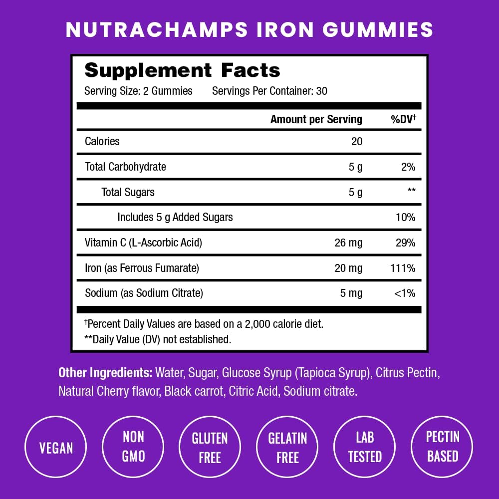 Iron Gummies with Vitamin C for Iron Deficiency & Anemia Support - 120 Gummies, Energy & Immune Boost - Pack of 2