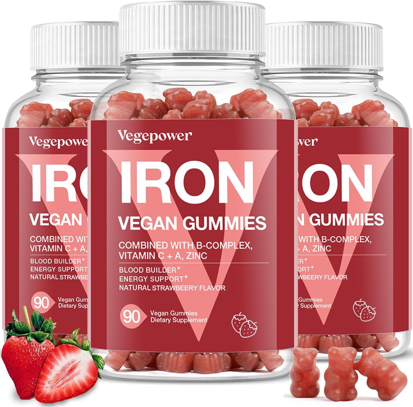 Iron Gummies with Vitamin C for Kids & Women - Strawberry Flavor, Blood Builder Multivitamin Supplement with Max Absorption - 3 Pack