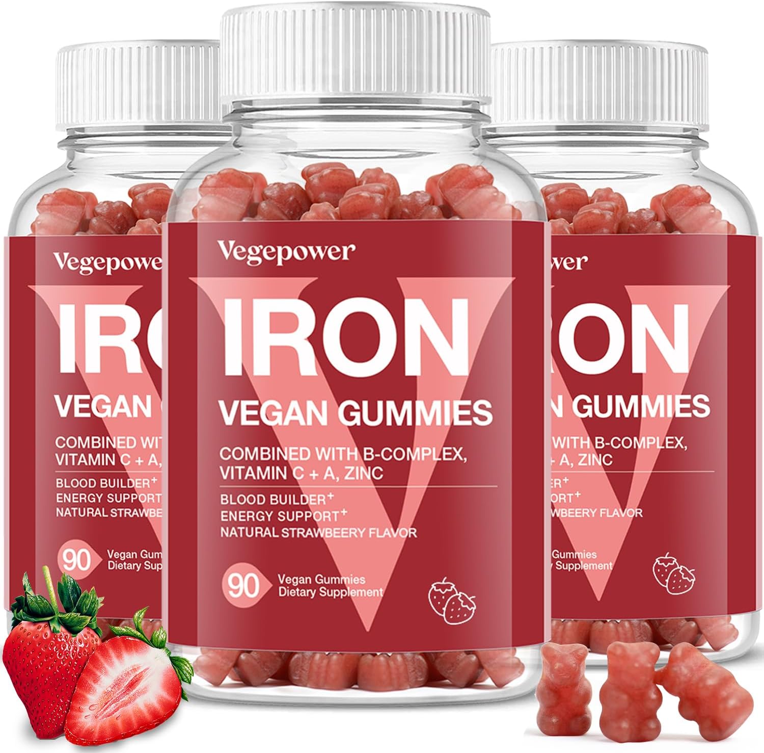 Iron Gummies with Vitamin C for Kids & Women - Strawberry Flavor, Blood Builder Multivitamin Supplement with Max Absorption - 3 Pack