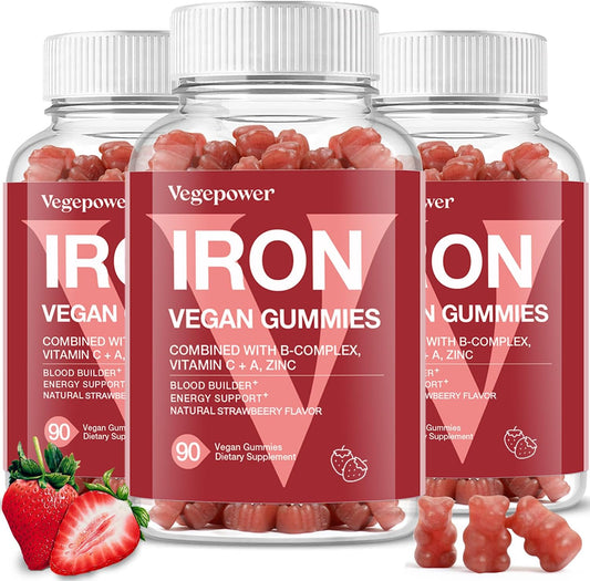 Iron Gummies with Vitamin C for Kids & Women - Strawberry Flavor, Blood Builder Multivitamin Supplement with Max Absorption - 3 Pack