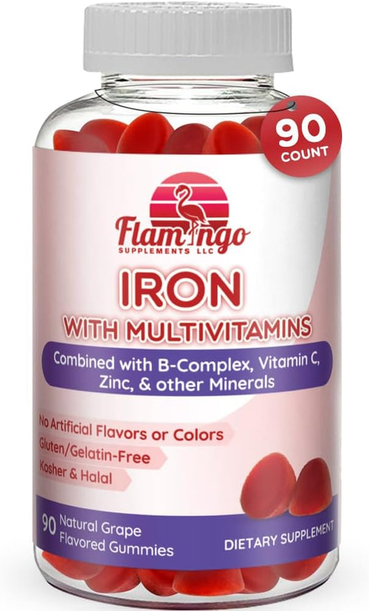 Iron Gummies with Vitamin C, Zinc & B Complex - 20mg Iron per Serving - Anemia Supplement for Women & Men - 90 Ct Vegan & Kosher