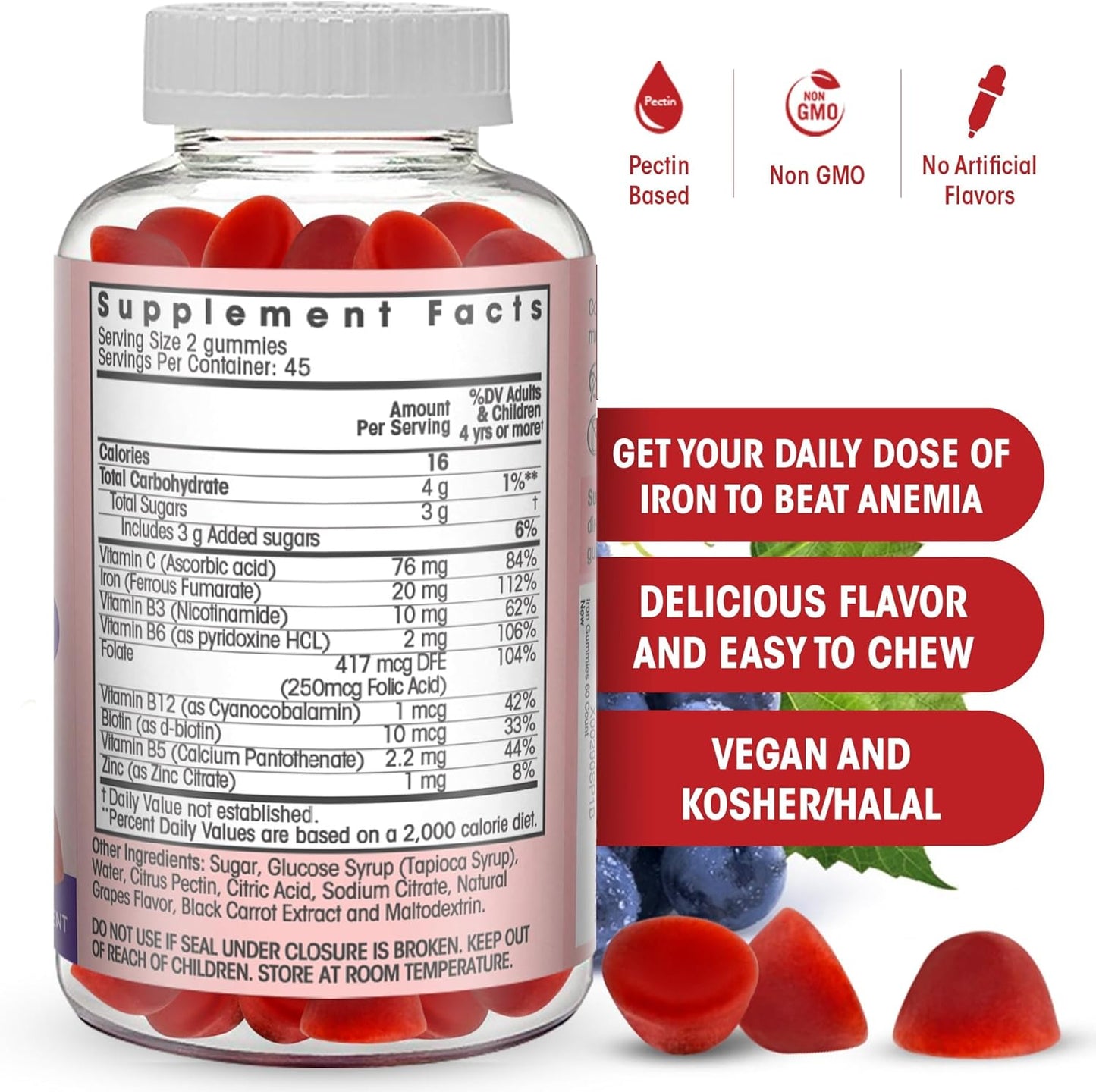 Iron Gummies with Vitamin C, Zinc & B Complex - 20mg Iron per Serving - Anemia Supplement for Women & Men - 90 Ct Vegan & Kosher