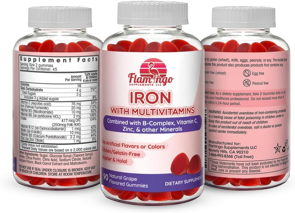 Iron Gummies with Vitamin C, Zinc & B Complex - 20mg Iron per Serving - Anemia Supplement for Women & Men - 90 Ct Vegan & Kosher