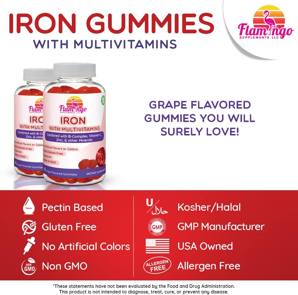 Iron Gummies with Vitamin C, Zinc & B Complex - 20mg Iron per Serving - Anemia Supplement for Women & Men - 90 Ct Vegan & Kosher