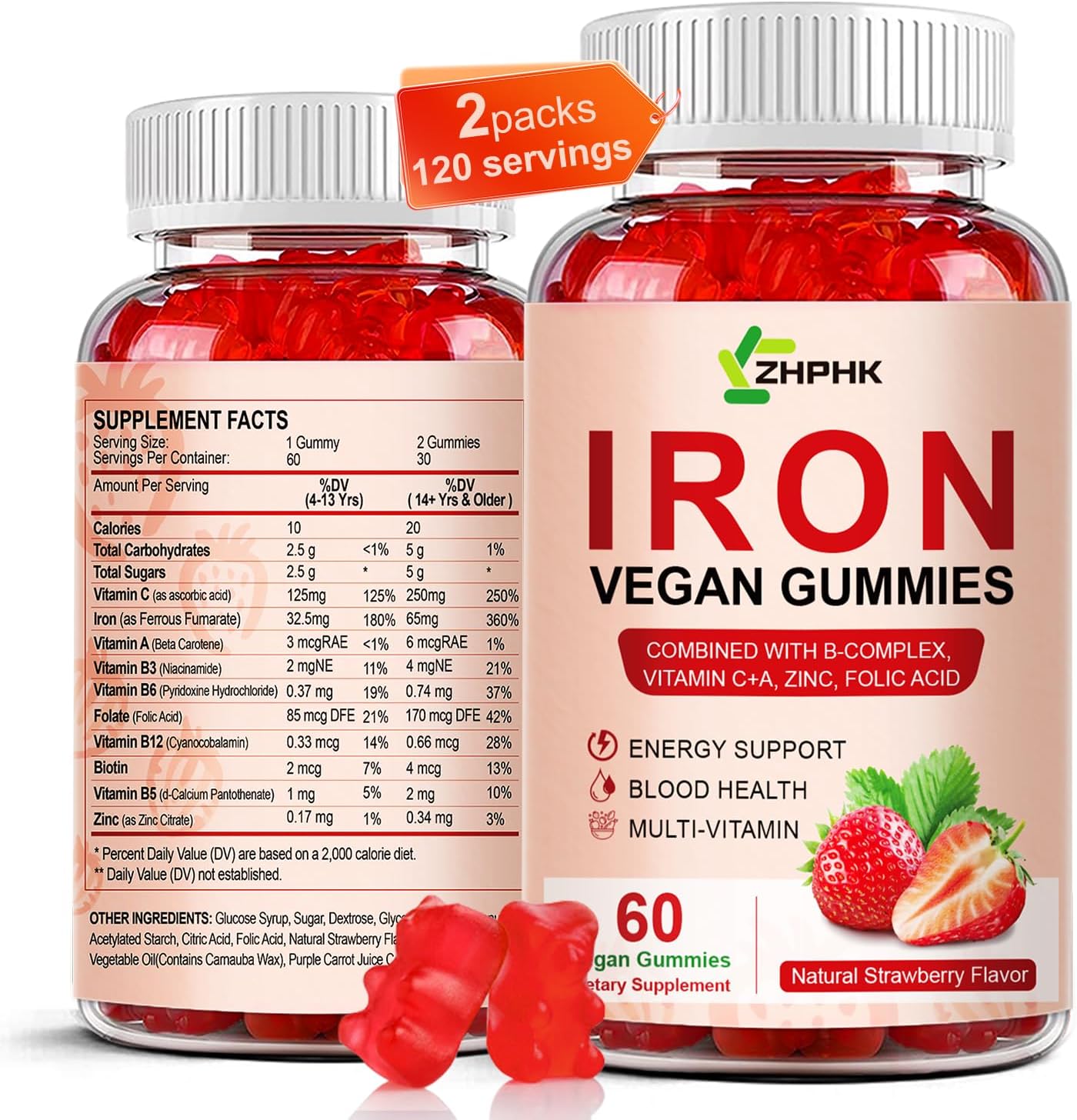 Iron Gummy Vitamins with Vitamin C for Blood Building & Immune Support - 65mg Iron, 250mg Vitamin C, Folate - 2 Pack for Women, Men, Kids