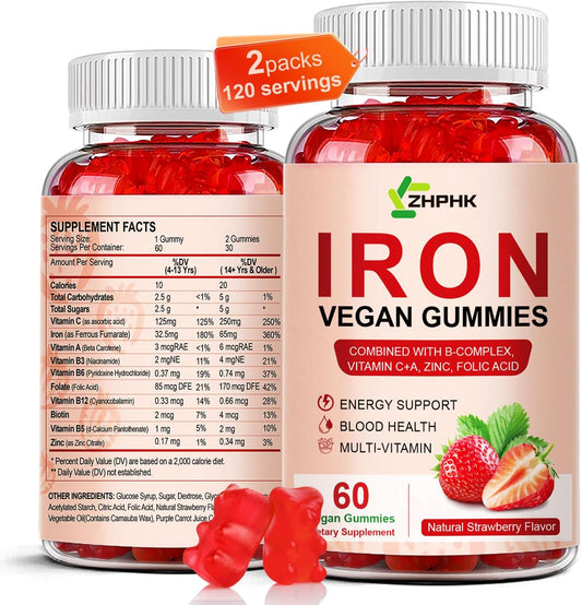 Iron Gummy Vitamins with Vitamin C for Blood Building & Immune Support - 65mg Iron, 250mg Vitamin C, Folate - 2 Pack for Women, Men, Kids