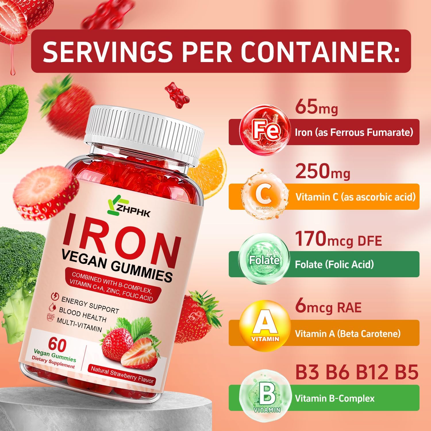 Iron Gummy Vitamins with Vitamin C for Blood Building & Immune Support - 65mg Iron, 250mg Vitamin C, Folate - 2 Pack for Women, Men, Kids
