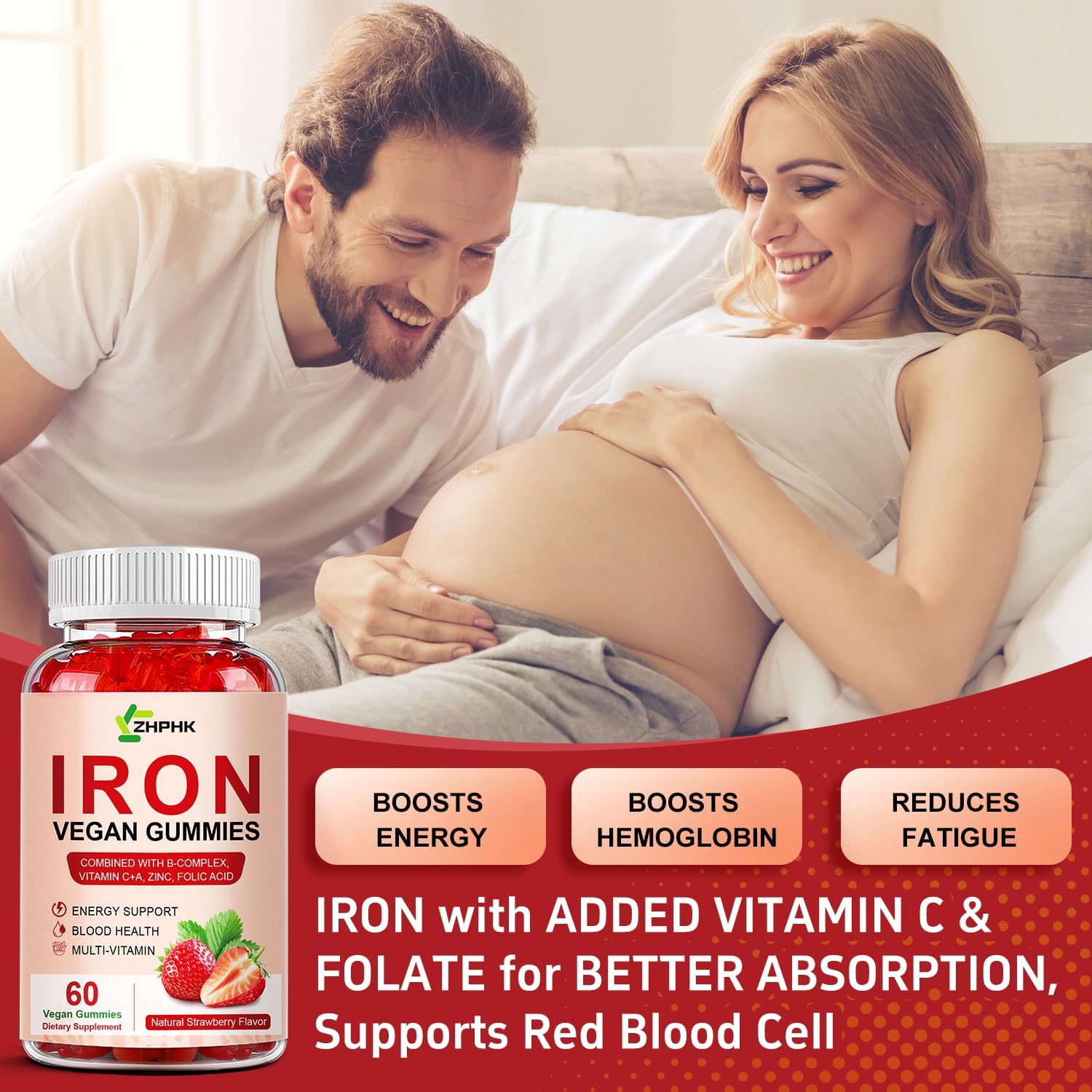 Iron Gummy Vitamins with Vitamin C for Blood Building & Immune Support - 65mg Iron, 250mg Vitamin C, Folate - 2 Pack for Women, Men, Kids