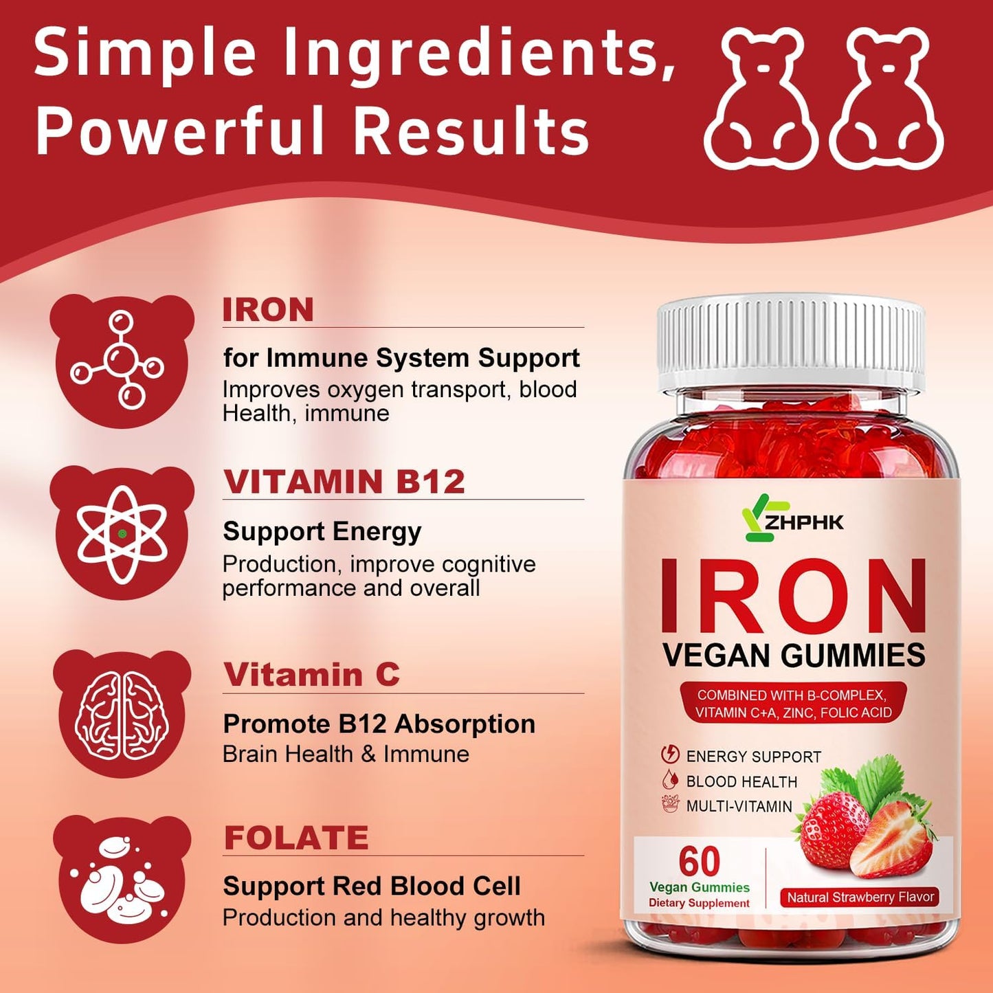Iron Gummy Vitamins with Vitamin C for Blood Building & Immune Support - 65mg Iron, 250mg Vitamin C, Folate - 2 Pack for Women, Men, Kids