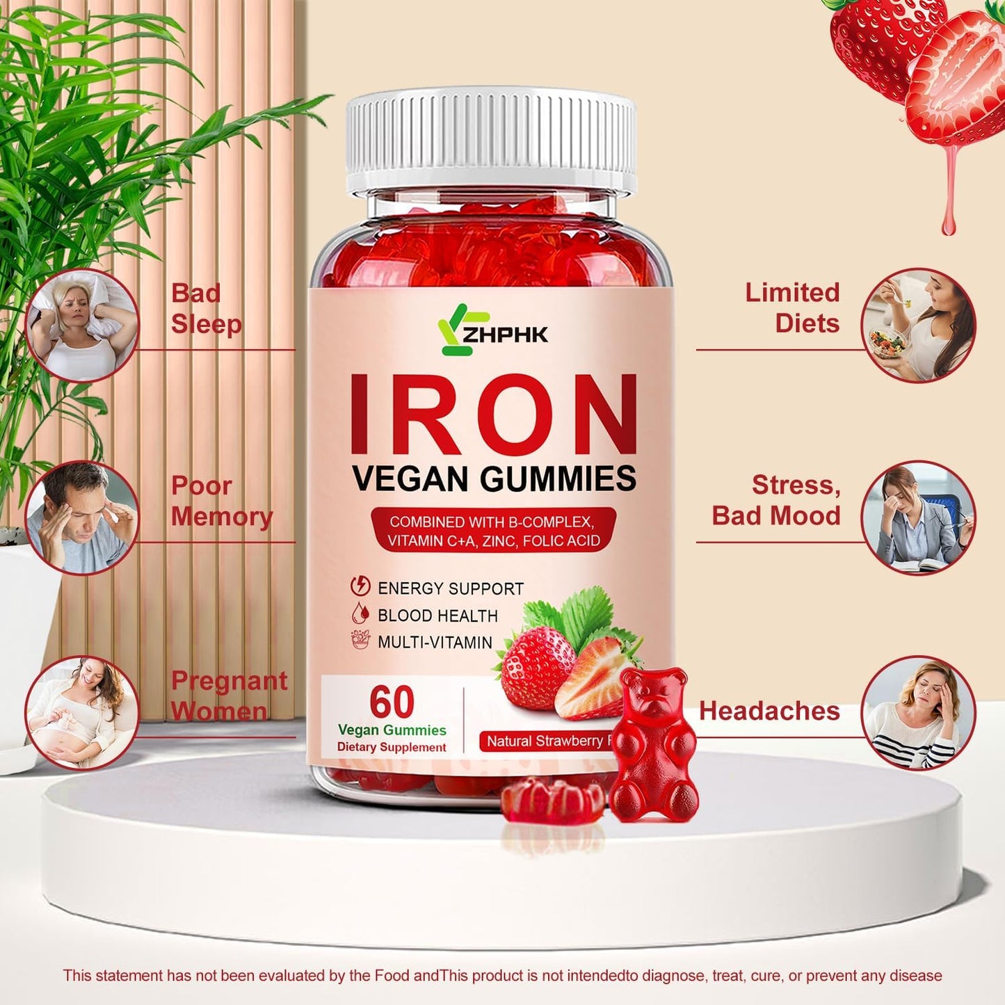 Iron Gummy Vitamins with Vitamin C for Blood Building & Immune Support - 65mg Iron, 250mg Vitamin C, Folate - 2 Pack for Women, Men, Kids