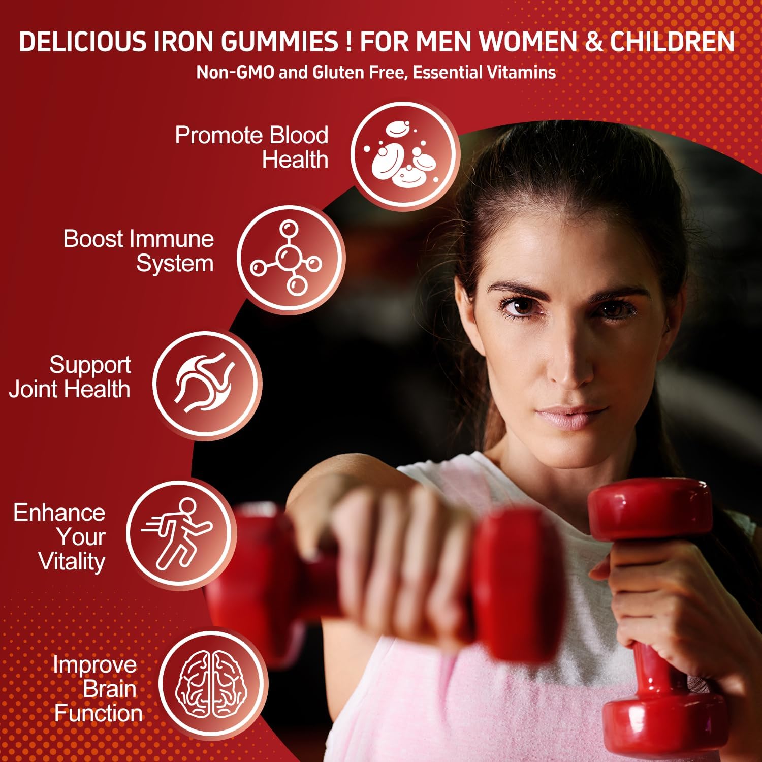 Iron Gummy Vitamins with Vitamin C for Blood Building & Immune Support - 65mg Iron, 250mg Vitamin C, Folate - 2 Pack for Women, Men, Kids
