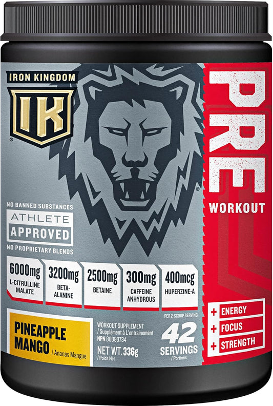 Iron Kingdom Pre Workout Powder: Caffeine, Beta Alanine, Aminos for Focus, Endurance, Pump - Energy Drink Powder, Natural Pineapple Mango - 42 Servings