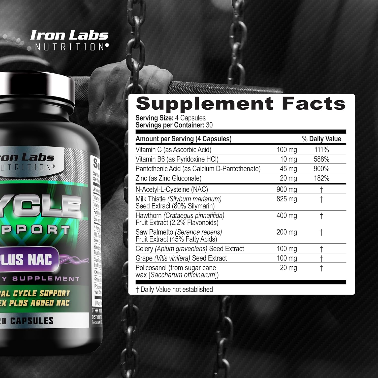 Iron Labs Nutrition Cycle Support Plus NAC - Kidney & Liver Supplement - On Cycle Support for Men - N Acetyl L Cysteine & Milk Thistle - 120 Capsules