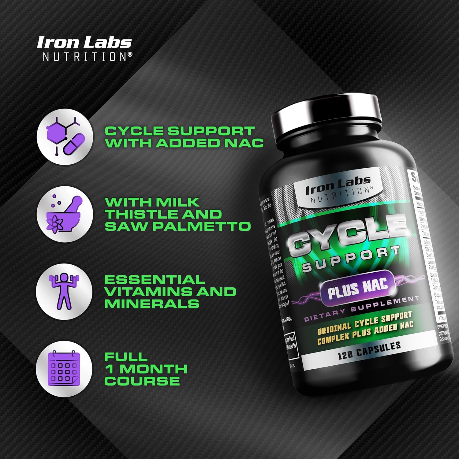 Iron Labs Nutrition Cycle Support Plus NAC - Kidney & Liver Supplement - On Cycle Support for Men - N Acetyl L Cysteine & Milk Thistle - 120 Capsules