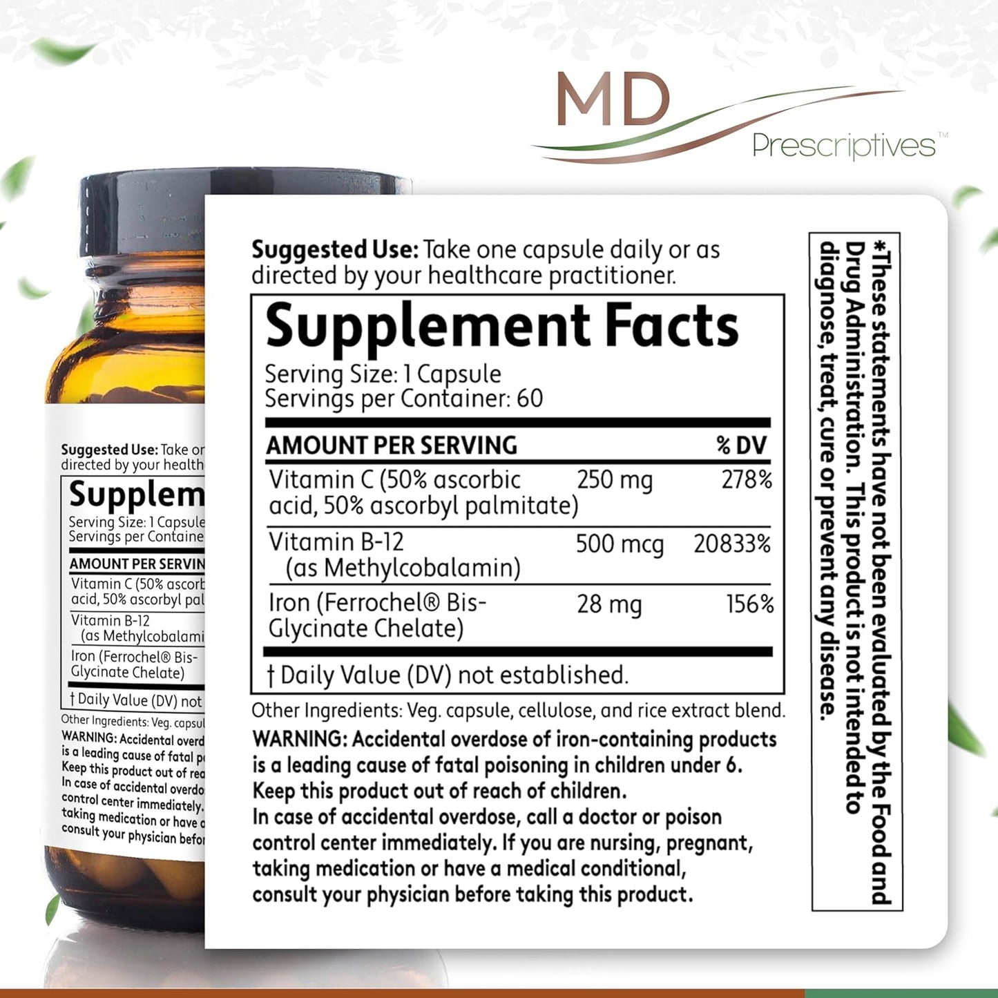 Iron MD Capsules: Daily Iron Supplement with Vitamin C, B12 & Folic Acid - 60 Veg Capsules for Men & Women - Optimal Absorption Formula