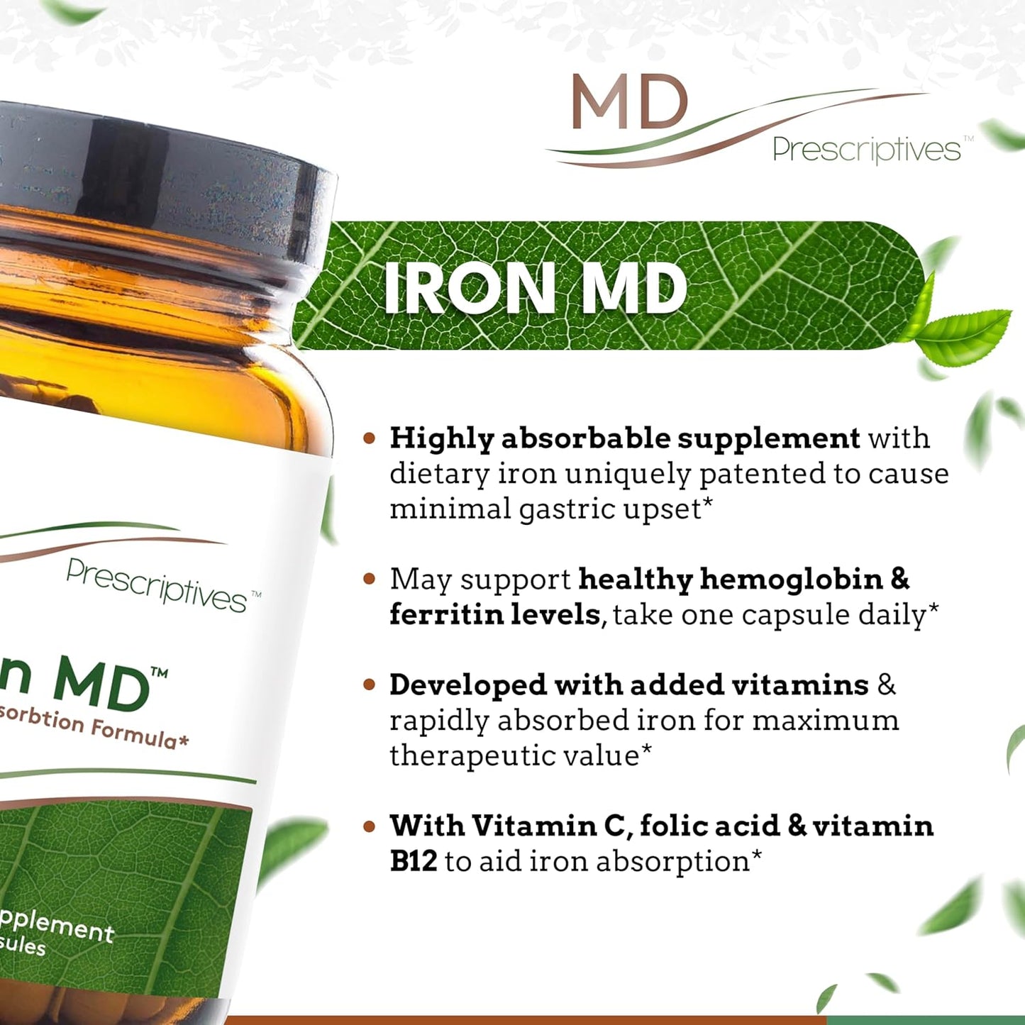 Iron MD Capsules: Daily Iron Supplement with Vitamin C, B12 & Folic Acid - 60 Veg Capsules for Men & Women - Optimal Absorption Formula