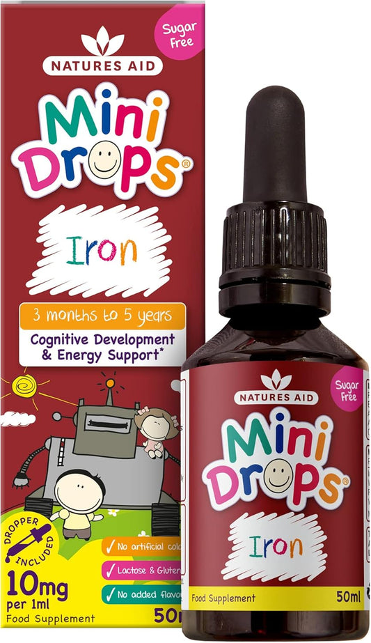 Iron Mini Drops for Kids, Cognitive Development Support, Sugar Free, 50 ml by Natures Aid