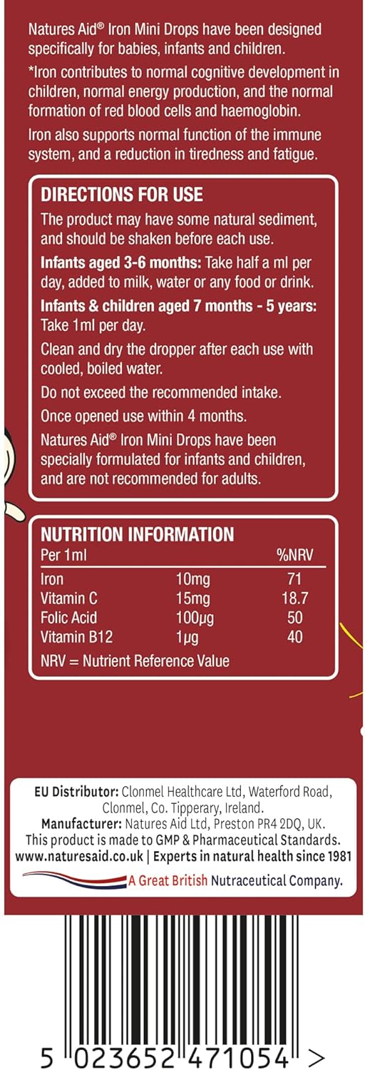 Iron Mini Drops for Kids, Cognitive Development Support, Sugar Free, 50 ml by Natures Aid